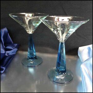 FrenchRetro Vintage Modern Martini Cocktail Glasses LG w Twisted Blue Stems Pair